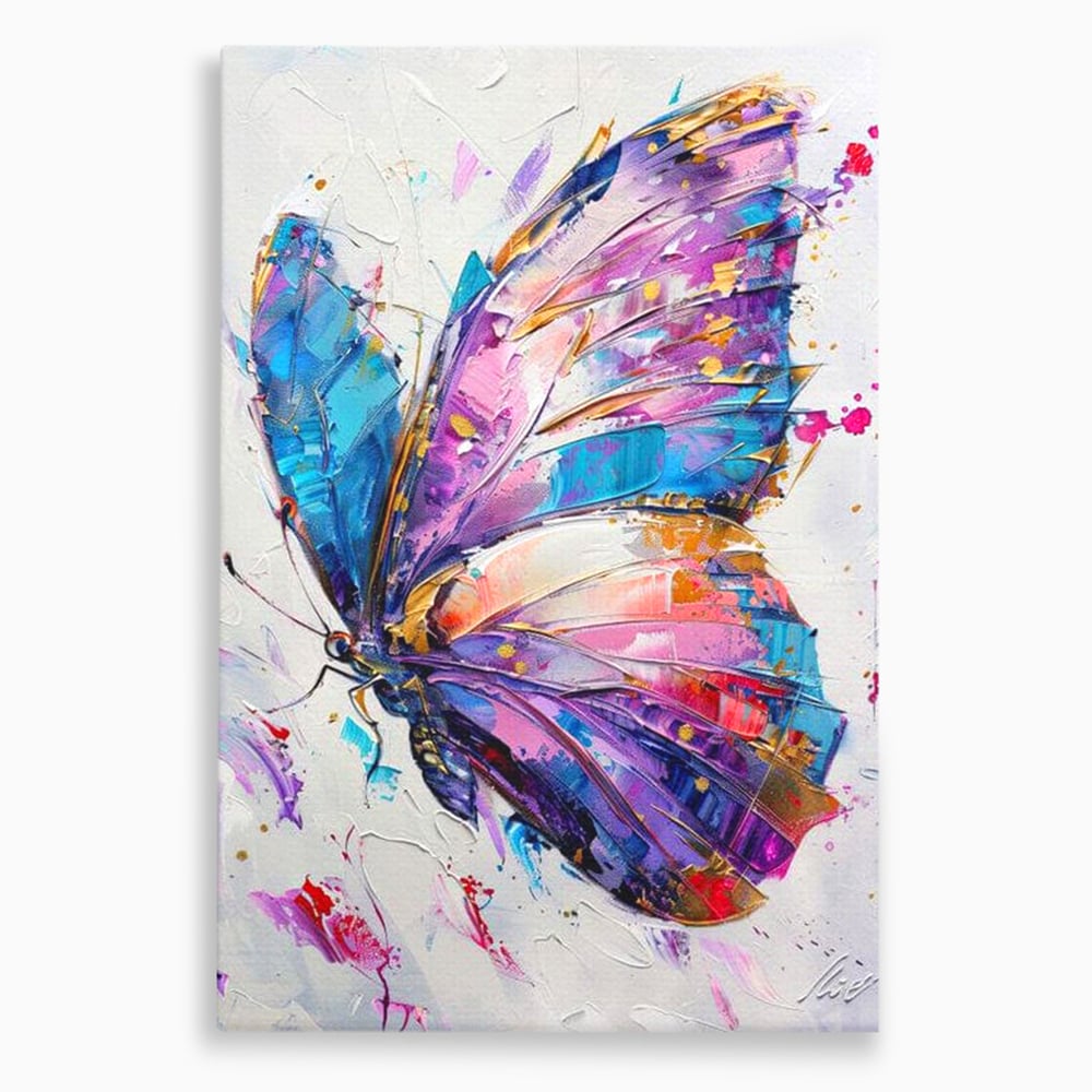 Tablou canvas cu tablou canvas cu fluture pictat in nuante de violet, fara rama, pe sasiu de lemn